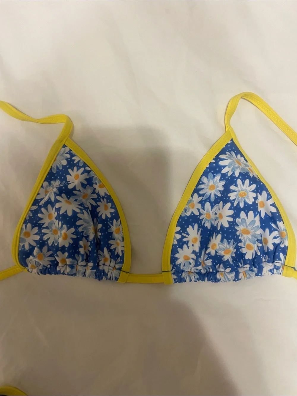 Frankie's Bikinis Blue Daisy Triangle Dove Classic Bikini with Yellow Trim